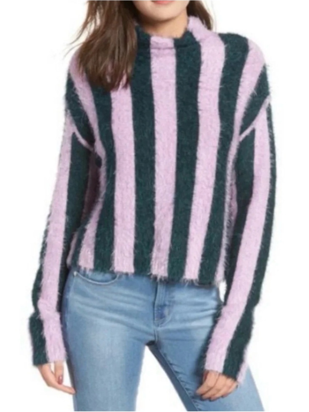 Blank NYC Striped Mock-Neck Sweater in Lavender and Teal S